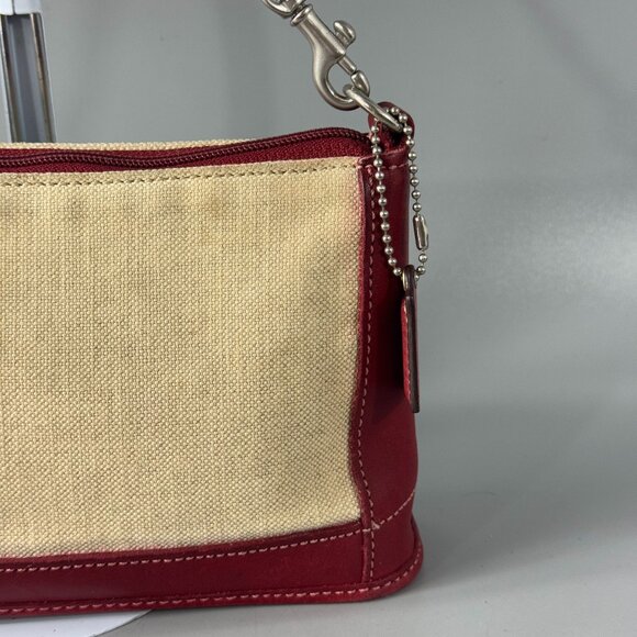 Vintage Coach # 6115 Red Leather Beige Canvas Small Hand Bag/Wristlet - Picture 3 of 13